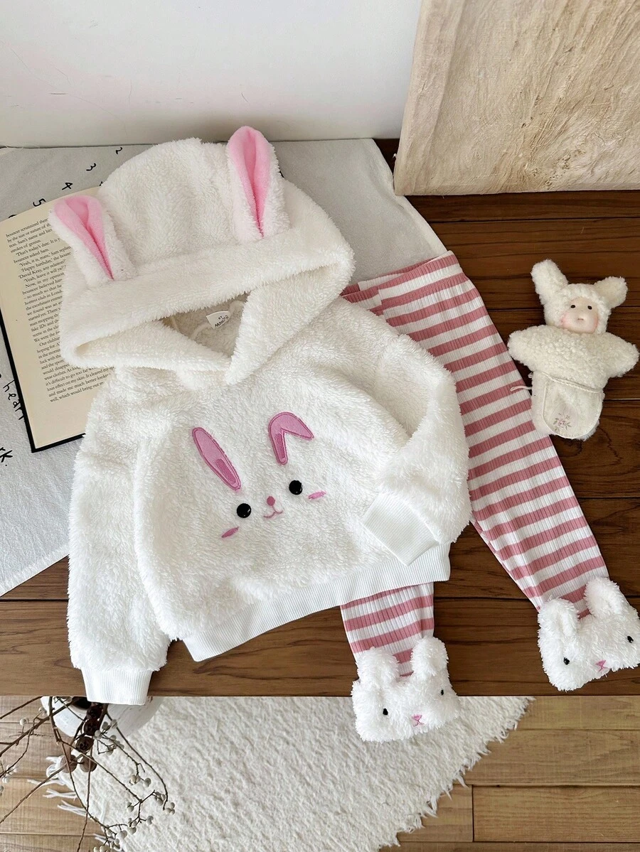 SHEIN 2pcs Baby Girls Rabbit Embroidery Hoodie Sweatshirt With Rabbit Ears And White Fuzzy Trim Red & White Striped Pants Set, Fashionable & Cute Fall Winter - Multicolor - View 1