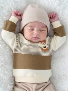 SHEIN Autumn New Arrival Newborn Baby Striped Contrast Color Top, Cute Bear Embroidery Soft & Comfy Shoulder Button Casual Baby Clothes Fall Winter