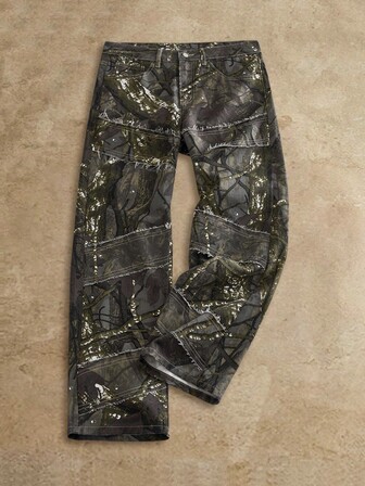 Manfinity NXTstreet Jeans rectos de cintura media con estampado de ramas, jeans camuflados casuales para hombres