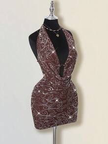 SHEIN ICON Women's Brown Homecoming Birthday Glitter Party Draped Neck Sequin Backless Dress