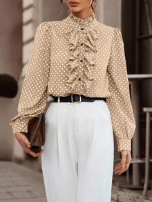 Pariaura Áo cánh nữ cổ đứng tay dài họa tiết chấm bi viền bèo nhún thanh lịch - Màu be - Xem 3