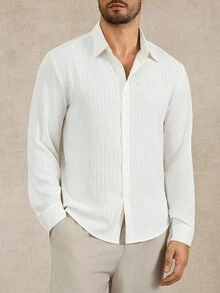 Manfinity Mode 男士休闲长袖衬衫，有领衬衫，商务休闲衬衫，纹理衬衫，奢华衬衫，优雅男士衬衫，秋季，男士商务休闲纯色纹理衬衫 - 常规版型，适合商务通勤、正式商务、休闲外出、日常聚会，非常适合秋季（分层/单独穿着），老钱风格 - 米色 - 查看 7