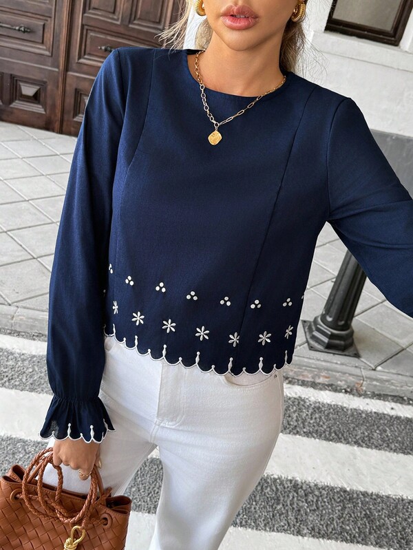 SHEIN Frenchy Women's Autumn Floral Embroidery Ruffle Cuff Round Neck Fashion Blouse Winter Casual Blue