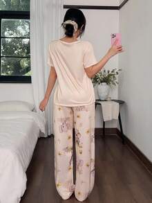 Napfluff Bộ đồ ngủ dệt kim tay ngắn in hình chú voi dễ thương, Bộ đồ ngủ hình voi cổ tròn, Bộ đồ ngủ hai mảnh, Bộ đồ ngủ dễ thương, Bộ đồ ngủ họa tiết hoa, Bộ đồ ngủ nữ, Chi tiết ấm áp và thanh lịch - Nhiều màu - Xem 3