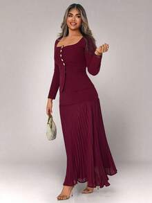 Xyvia 2pcs Women Set: Solid Color Button Front Top And Pleated Skirt Fall Cloth For Women - Burgundy - View 7