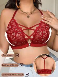 SHEIN 1pc Front Closure Lace Plus Size Wireless Bra, Lift - Red - View 3