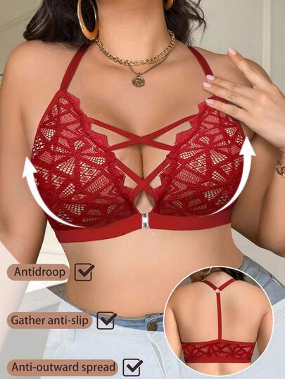 SHEIN 1pc Front Closure Lace Plus Size Wireless Bra, Lift