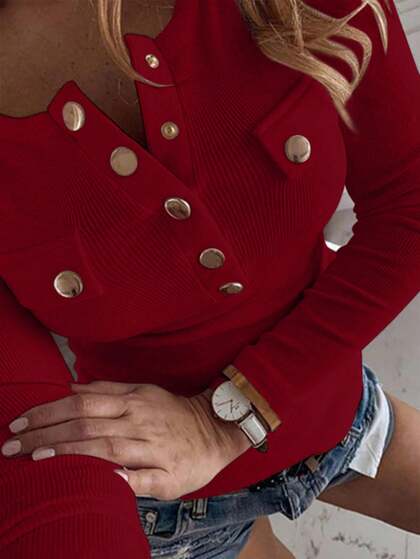 INAWLY Square Neck Half-Zip Long Sleeve Casual T-Shirt With Metal Buckle