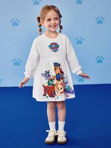 SHEIN | PAW Patrol 小女孩可爱卡通小狗印花圆领长袖针织白色连衣裙，适合秋冬 - 白色 - 查看 4