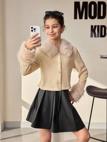 青少年女孩蓬松长袖单排扣休闲夹克，秋冬