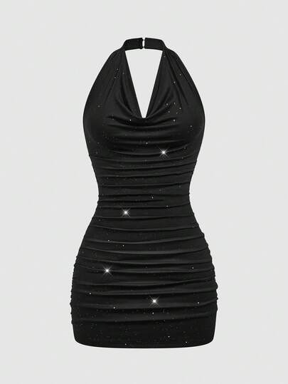 Sweetra Solid Color Sexy Bodycon Halter Neck Minimalist Dress