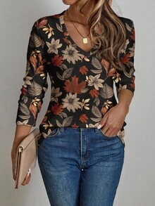 EMERY ROSE Women's Casual V-Neck Long Sleeve T-Shirt, Suitable For Autumn/Winter, Retro Leaf Print