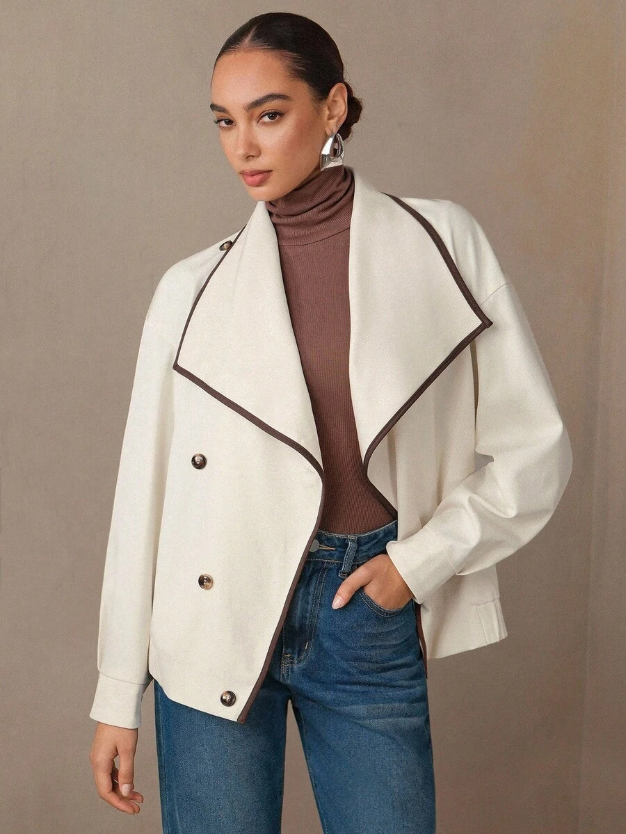 Modelyn Damen Alltagsjacke mit Kontrast-Doppelreiher-Kragen und Kontrast-Silhouette im europäischen Street-Style, Regular Fit