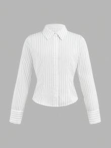 少女白色修身弧形下摆条纹衬衫，学院风衬衫，百搭百搭衬衫，适合青少年，返校季 - 白色 - 查看 5