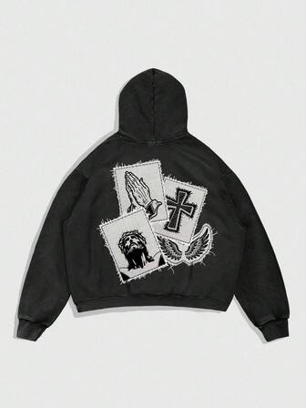 Goth Sudadera con capucha de manga larga de forro térmico casual con estampado de eslogan y cruz para hombre, color negro, para otoño
