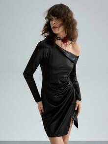 Airlisse Slit Shoulder Long Sleeve Discounted Shiny Fitted Dress For Women - Black - View 6