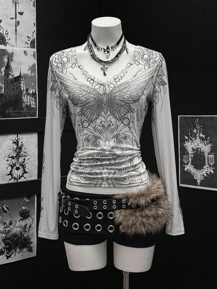 EgrlEra Women's Vintage V-Neck Butterfly Print Long Sleeve T-Shirt