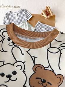 SHEIN 2 件套男婴幼儿 0-3 岁春夏休闲日常穿着叠穿熊印花圆领长袖运动衫 + 裤子套装 - 卡其色 - 查看 5