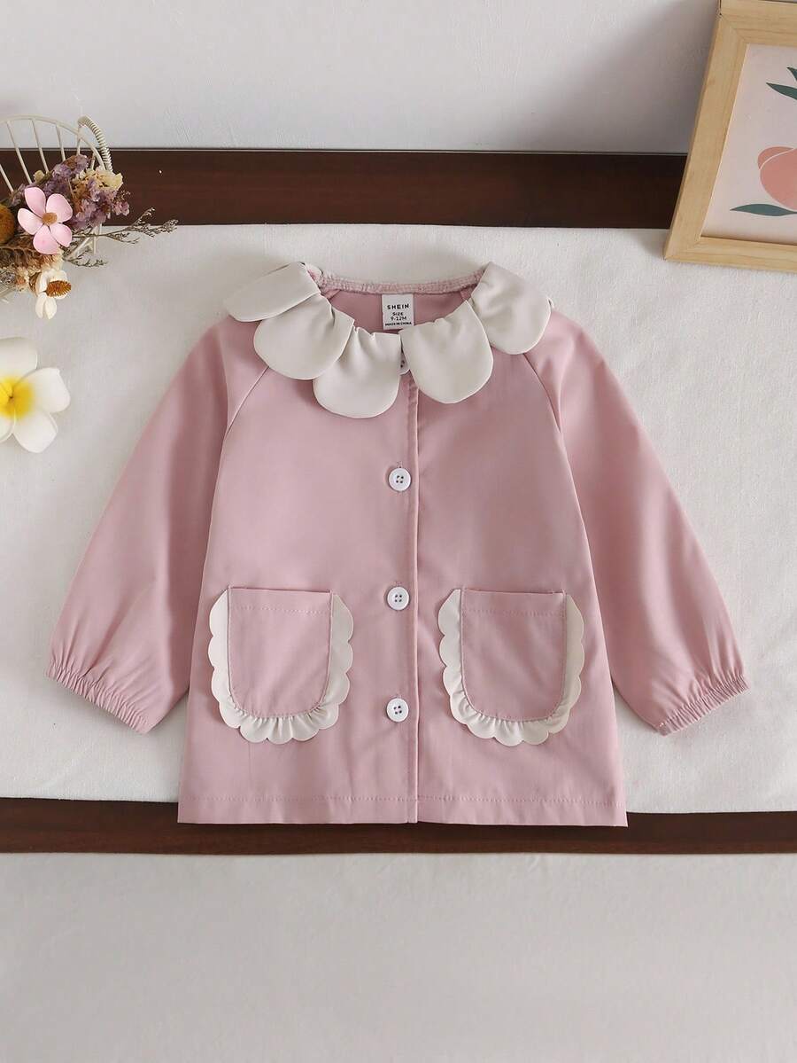 SHEIN 女宝宝可爱双口袋彼得潘领灯笼袖风衣，适合日常穿着