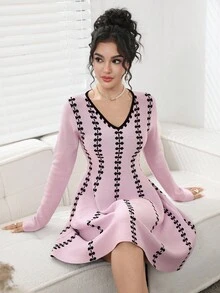 Modelyn Damen elegantes V-Ausschnitt Langarm Schleifenmuster Strickkleid, Herbst - Pink - Übersicht 4