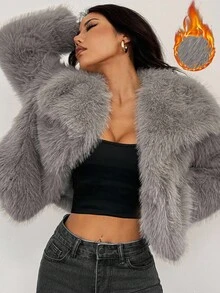 SHEIN PETITE 女款秋冬純色寬鬆大領長袖人造毛皮夾克灰色毛皮外套冬季外套，適合嬌小女性 - 灰色 - 查看 8