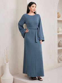 Veilorie Women's Elegant Commuter Solid Color Bell Sleeve Extra Long Abaya Dress