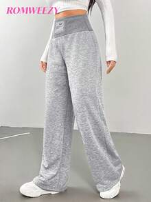 SHEIN Explorewe Teen Girl Casual Street Chic High Waisted Elastic Waist All-Match Sweatpants, Floral Grey