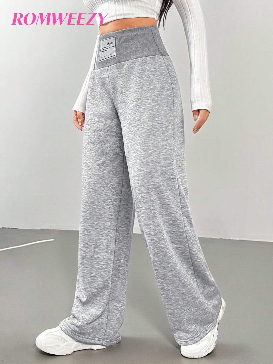 SHEIN Explorewe Teen Girl Casual Street Chic High Waisted Elastic Waist All-Match Sweatpants, Floral Grey