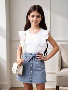 Tween Girl Fashionable Denim Skirt, Elegant & Comfortable Set, School, Campus, College Summer Holiday - White - View 6