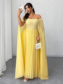 Elenzga Plus Size Women's Elegant Off-Shoulder Ruffle Chiffon Maxi Dress, Suitable For Party, Wedding Guest, Spring/Autumn/Winter - Yellow - View 6