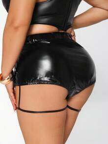 SHEIN SXY Quần short bó sát PU màu đen gợi cảm, giản dị, cỡ lớn cho nữ, mùa xuân/hè - màu đen - Xem 2