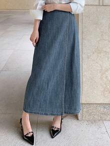 DAZY 女士裹身式侧系带开衩长款休闲牛仔裙 - 中等水洗藍 - 查看 5