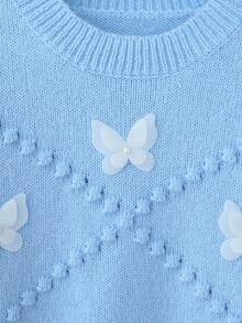 少女可爱休闲浅蓝色3D蝴蝶套头毛衣 毛衣 粉色毛衣 蓝色毛衣 蝴蝶毛衣 蓝色毛衣 毛衣 秋冬毛衣 手工毛衣 - 藍色 - 查看 4