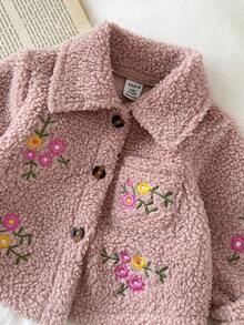 SHEIN Baby Girl Thick Fleece Embroidered Flower Collar Long Sleeve Jacket, Autumn/Winter Fall
