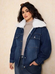 Elaquor Plus Size Denim Jacket With Thermal Lining, Fashion For Autumn/Winter - Medium Wash - View 6