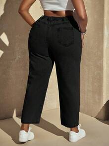 Slaydiva 大码女式不对称腰部口袋休闲锥形牛仔裤 - 黑色 - 查看 3