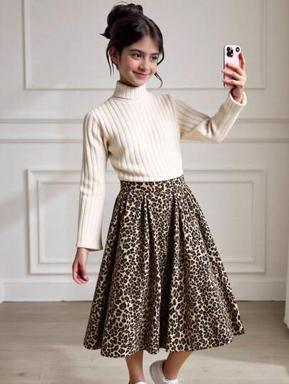 SHEIN 青少年女孩休闲复古罗纹高领长袖套头衫 T 恤和豹纹百褶长裙套装