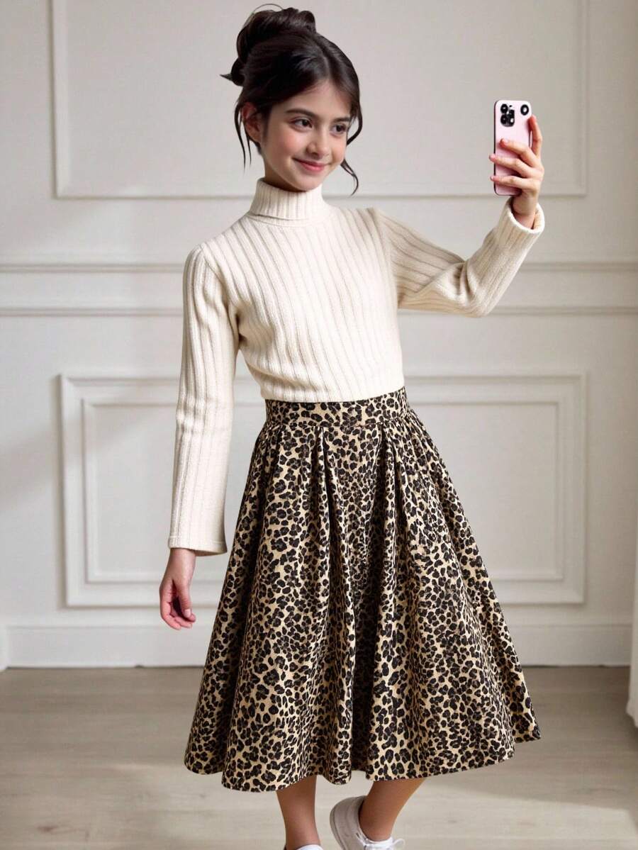 SHEIN Conjunto informal de niña preadolescente con jersey de cuello alto acanalado de manga larga y falda maxi plisada con estampado de leopardo - Caqui - Ver 1