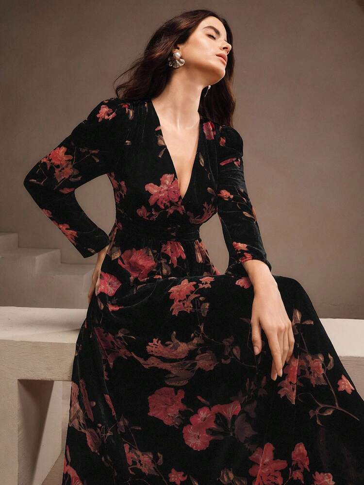 Women's Velvet Floral Print V-Neck Dress, Elegant, Chic, Stylish, Suitable For Fall, Winter, New Year, Party, Wedding, Evening