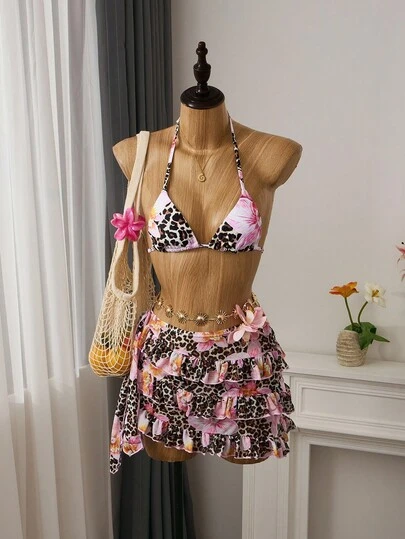 Bellisia 3pcs/Set Summer Butterfly & Floral Leopard Print Bikini & Cake Skirt Beach Vacation Sexy Outfit
