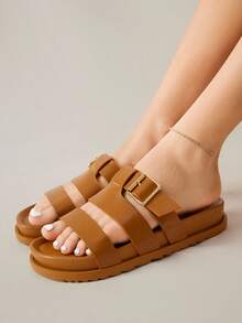 Solecia 2025 Summer New Arrival Women's Fashion H-Shape Black Rivet Platform Soft Bottom Sandals, Hook And Loop Closure, Versatile Strap Non-Slip Open Toe Flat Sandals - Brown - View 7