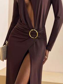 Zivah Women's Elegant Dark Brown Long Sleeve Metal Button Long Dress,Autumn Night Out Music Festival,St. Patrick's Day,College Style,Casual Beach Vacation - Brown - View 6