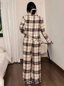 Napfluff 女士休闲格子印花荷叶边长袖睡衣套装，舒适优雅细节，秋冬服装 - 彩色 - 查看 4