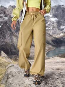 SHEIN Essnce Women's Casual Straight Leg Hiking Pants,Khaki Summer Vacation Detachable Denim Sun Protection Lightweight Quick Dry Outdoor Camping Hiking Pants - Black - View 9