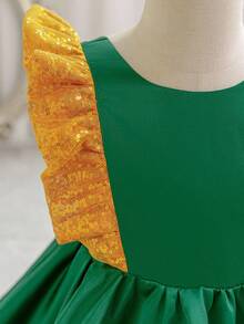 Glamorique Kids Girls Christmas Princess Dress,Sage Green,Summer,Elegant,7th Birthday Party Wear Santa New Year's Dress Satin Gold Sequin Flutter Sleeves Bow Back - Dark Green - View 8