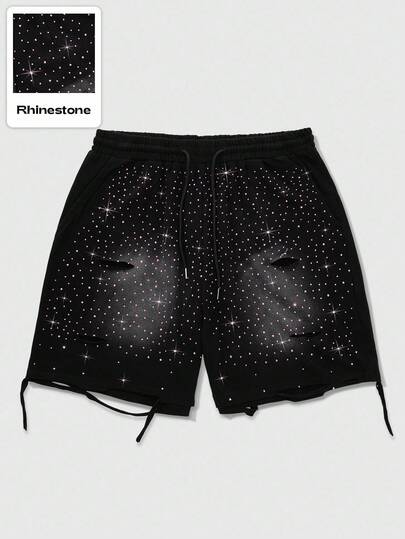 Street Life Men's Full-Print Rhinestone Embellished Distressed Shorts, Suitable For Casual Wear In Spring/Summer
