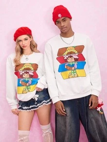 Strawberry Shortcake X SHEIN 男士休闲可爱卡通图案圆领运动衫，秋季 - 白色 - 查看 1