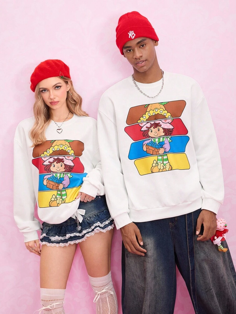 Strawberry Shortcake X SHEIN 男士休闲可爱卡通图案圆领运动衫，秋季 - 白色 - 查看 1