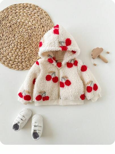 SHEIN Newborn Baby Girl Cute Versatile Fuzzy Cherry Pattern Hooded Jacket, Autumn/Winter Fall