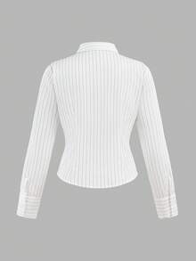 少女白色修身弧形下摆条纹衬衫，学院风衬衫，百搭百搭衬衫，适合青少年，返校季 - 白色 - 查看 2